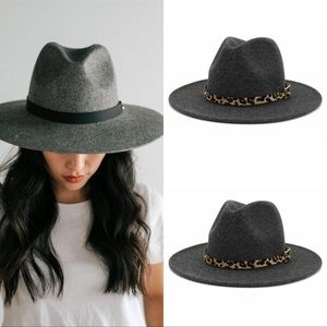 Fedora Panama felt hat dark grey leopard/black reversible belt hatband OS